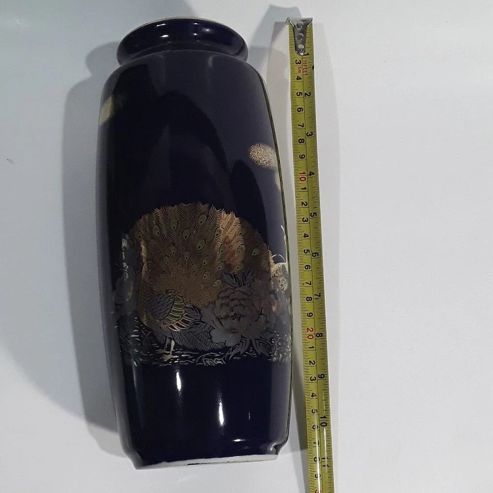 Vintage Blue Vase, Double Peacock, Gold trim. Japan 10 inches tall